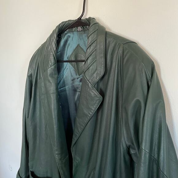 VTG Green 100% Leather Trench Coat Jacqueline Ferrar Forest Green SZ LARGE EUC - Picture 4 of 12